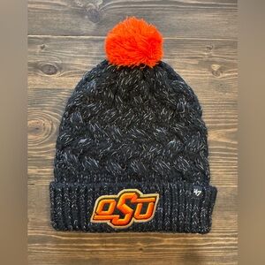 47 OSU Black Knit Beanie with Orange Pom and OSU Patch